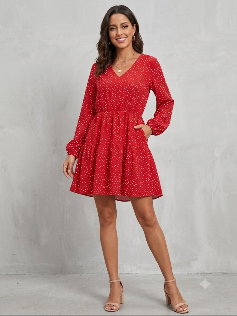 FANCYINN Red & White Polka Dot Tiered Mini Dress - Size Medium